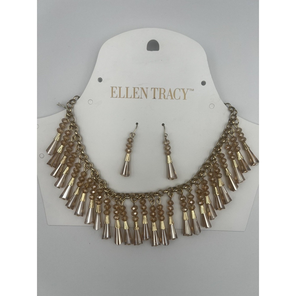 ELLEN TRACY  Gold Crystal Fringe Necklace & Earrings Set NEW